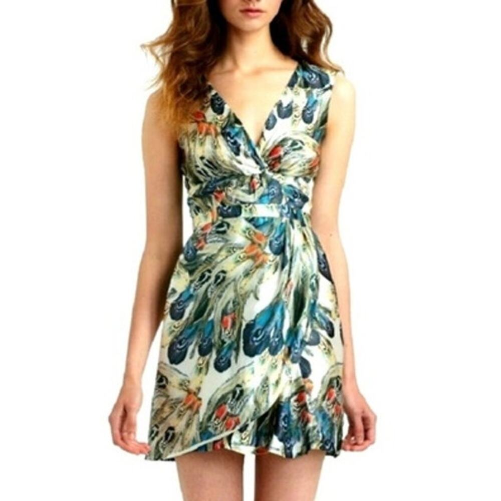 Anthropologie Liefsdottir Silk Babydoll Mini Dress 2 Boho Feather Print Hippie